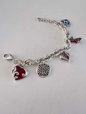 Brighton silver plated "Go Red" Heart, Hope, Red dress Charm Bracelet